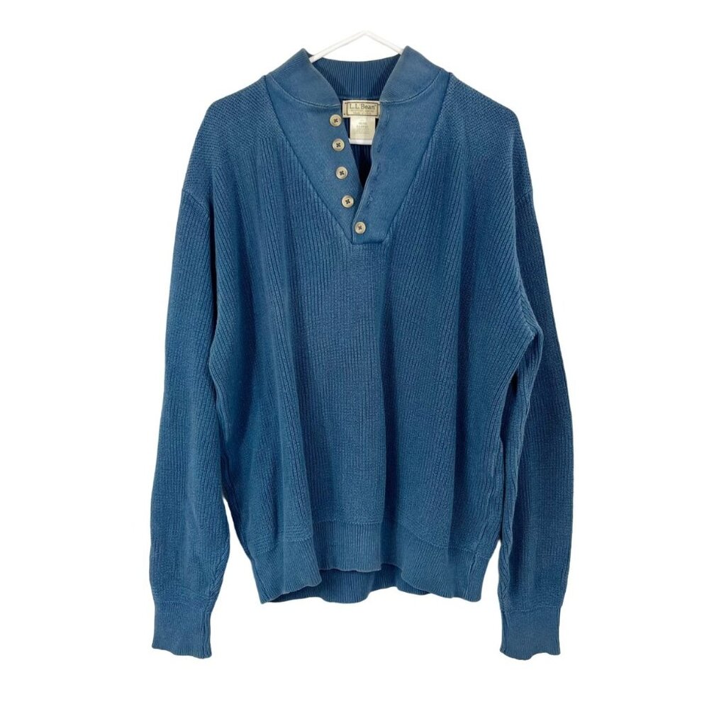 Vintage L.L. Bean Blue Shawl Collar Knit Henley Sweater‎ Cotton - Men's Size XL